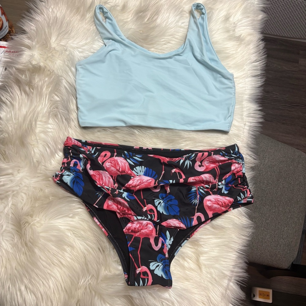 SHEIN Blue Top and Flamingo Print Bikini Set